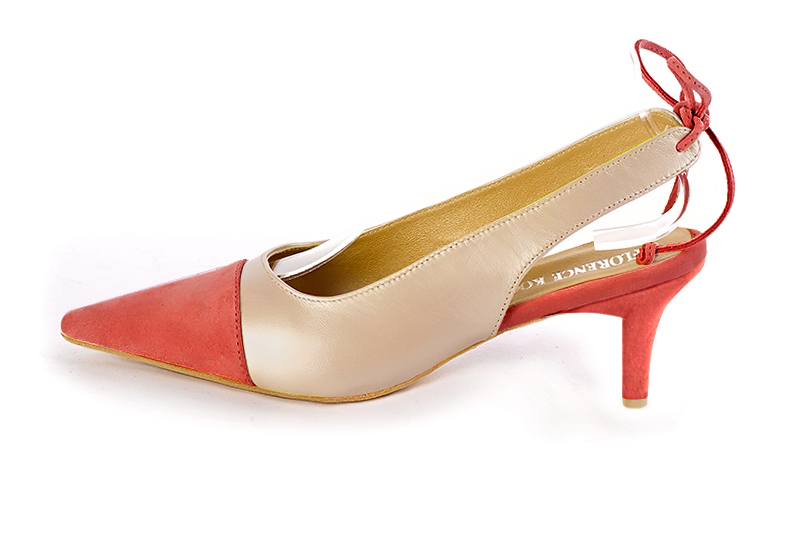 Coral orange and gold women's slingback shoes. Pointed toe. Medium slim heel. Profile view - Florence KOOIJMAN